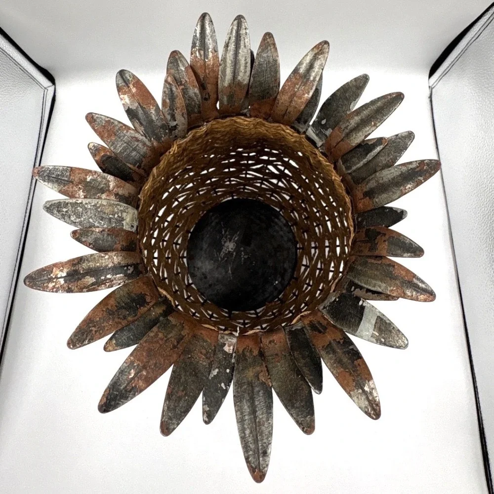 VTG Pineapple Decorative Basket Vase Brown Rustic Boho Woven Metal 15in